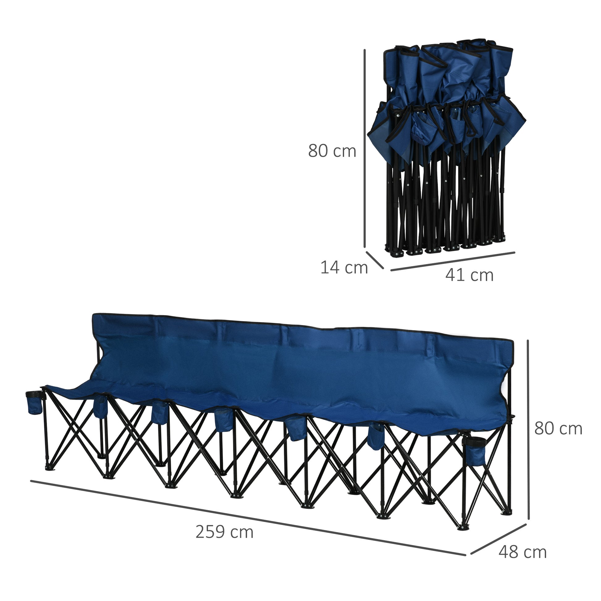 outsunny-6-seater-folding-sports-bench-outdoor-picnic-camping-portable-spectator-chair-steel-frame-w-cup-holder-carry-bag-blue