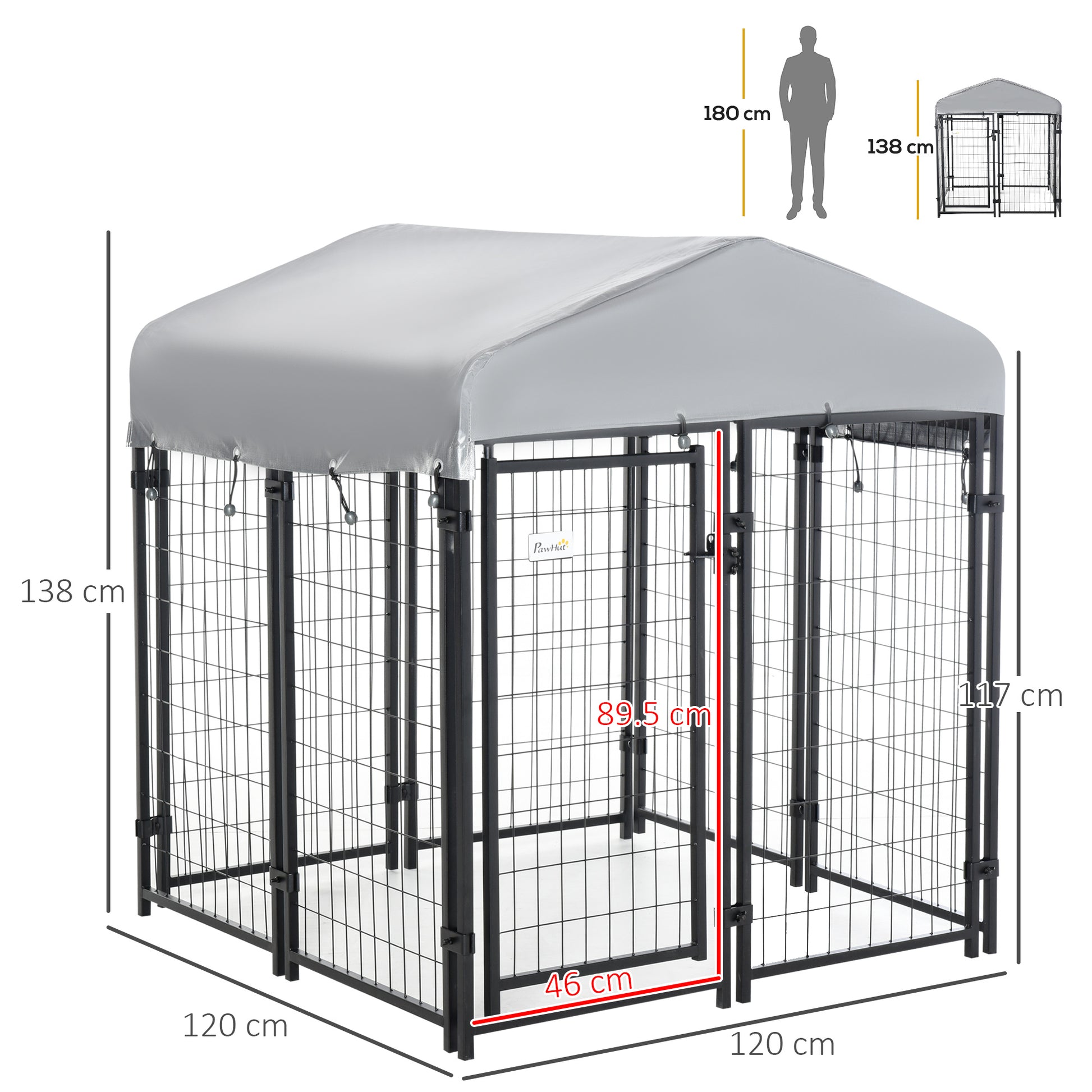 PawHut Outdoor Dog Kennel, Dog Run with UV-Resistant Canopy & Lockable Design, Metal Playpen Fence for Small and Medium Dogs, 120 x 120 x 138 cm