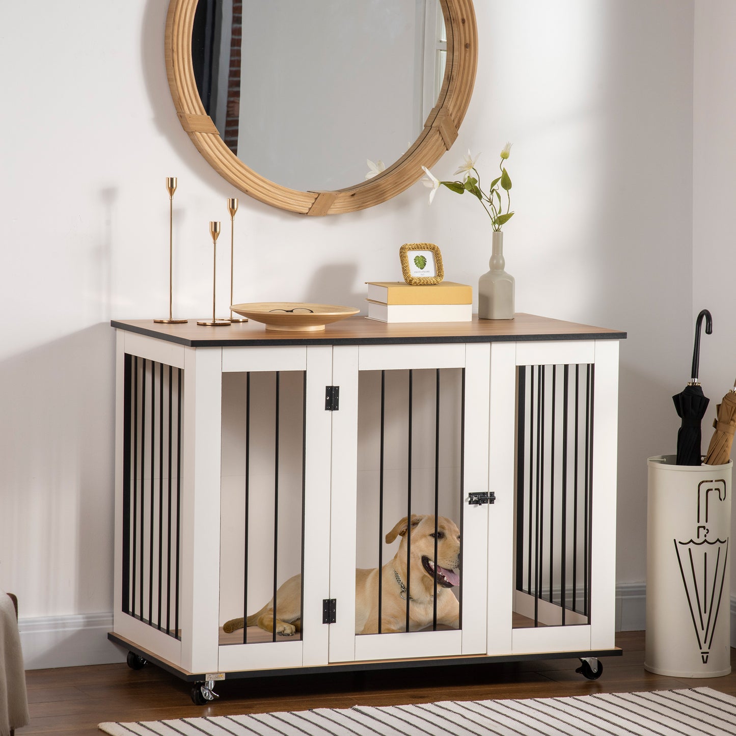 PawHut Dog Cage End Table with Five Wheels, Dog Crate Furniture for Large Sized Dogs, with Front Door Latch, Indoor Use, White