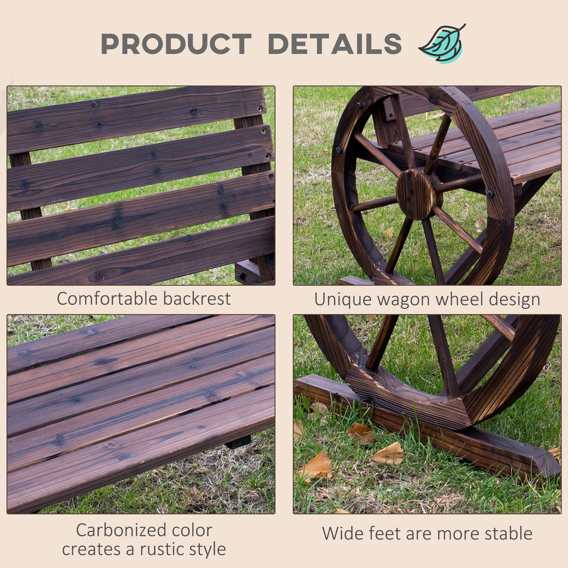 outsunny-2-seater-garden-bench-with-wooden-cart-wagon-wheel-rustic-high-back-brown