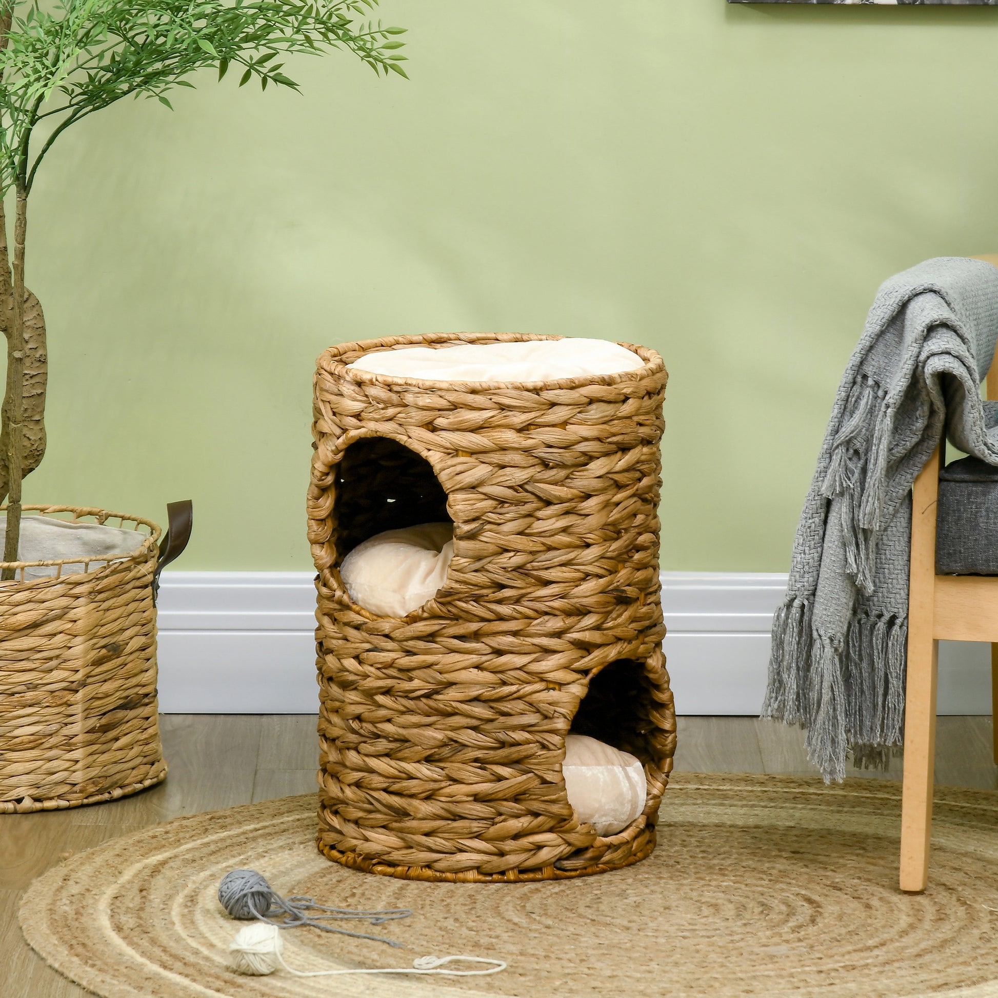 PawHut 47cm Cat Barrel Tree for Indoor Cats with 2 Cat Houses, Kitten Tower with Cushion - Light Brown