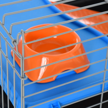 PawHut Steel Small 2-Tier Small Animal Cage w/ Accessories Blue/Orange