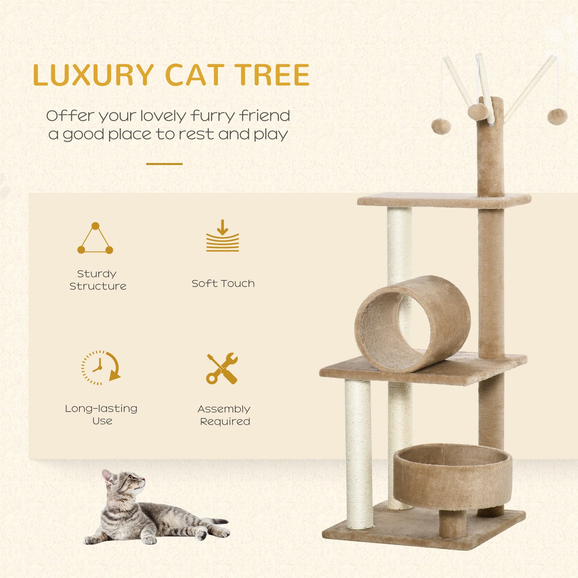 PawHut 121cm Cat Tree Tower Kitten Activity Center Scratching Post with Bed Tunnel Perch Interactive Ball Toy Brown