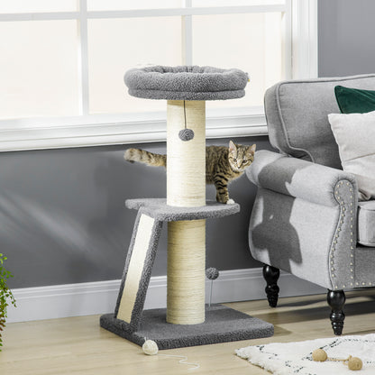 PawHut Cat Tree Cat Tower with Cat Scratching Posts, Pad, Bed, Toy Ball for Cats under 6 Kg, Dark Grey & Beige