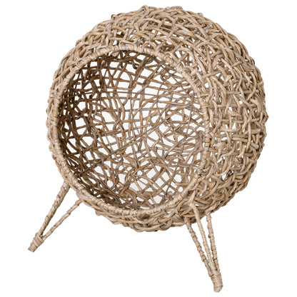 PawHut Wicker Cat Bed, Ball-Shaped Rattan Elevated Cat Basket with Three Tripod Legs, Cushion, Natural Wood Finish