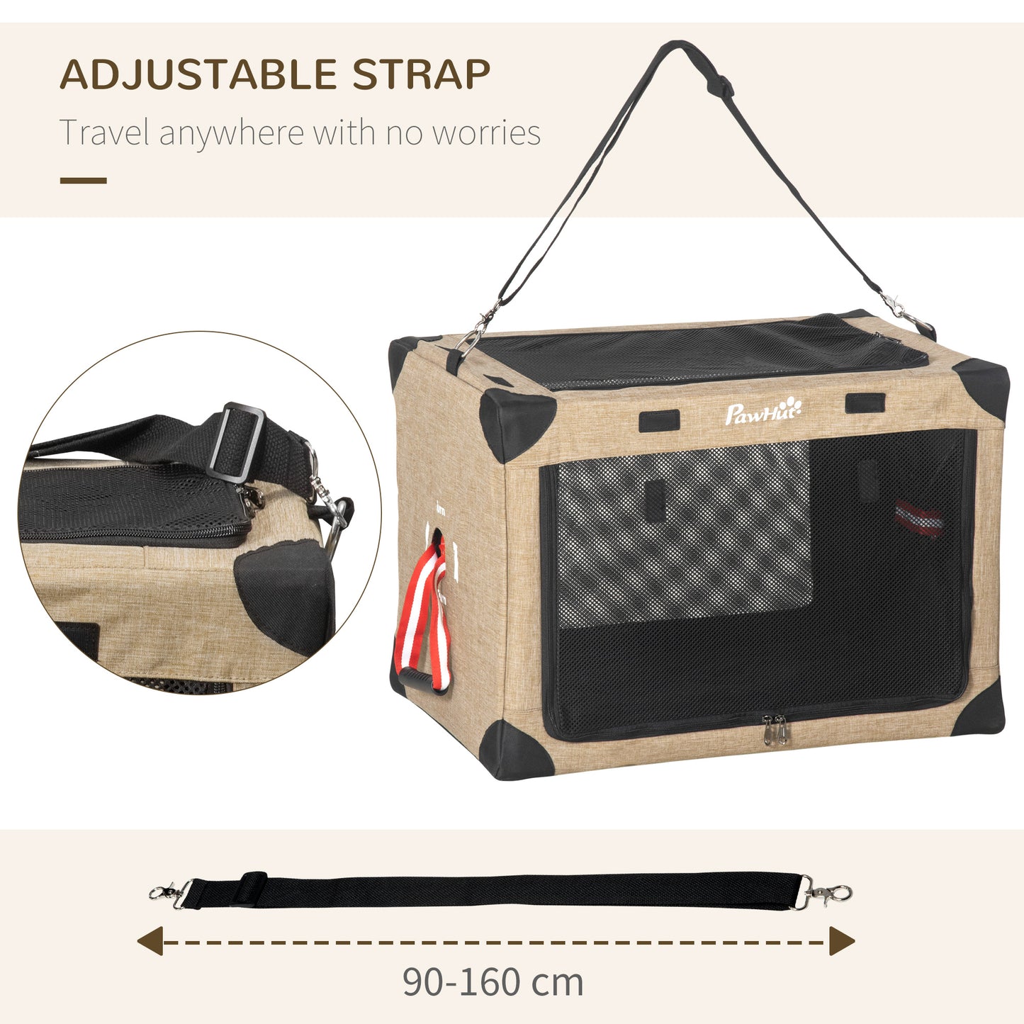 PawHut Pet Carrier Folding Cat Carrier Portable Dog Bag Pet Travel Carrier w/ Cushion, Adjustable Strap for S & XS Dogs, Khaki