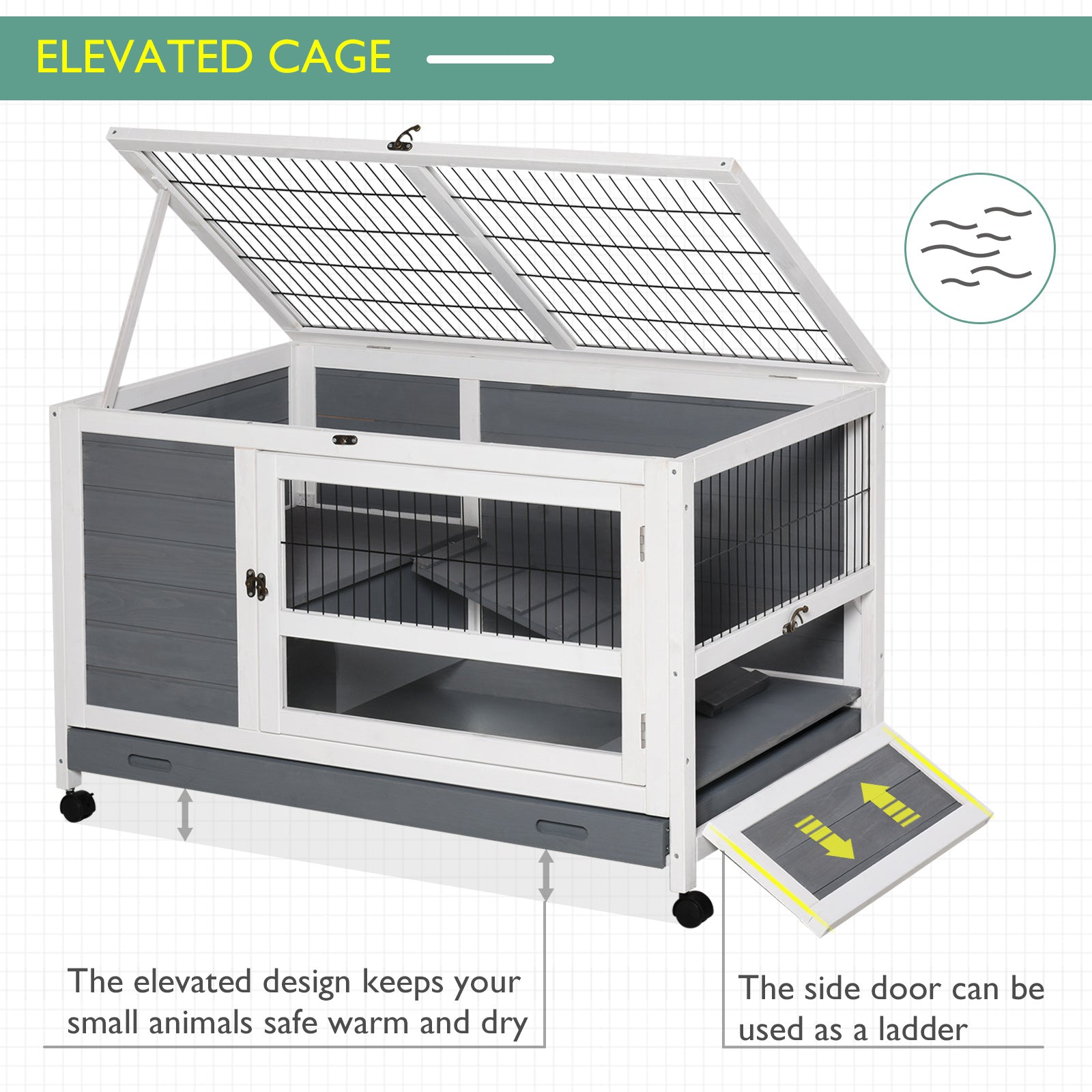 PawHut Wooden Guinea Pigs Hutches Elevated Pet Bunny House Rabbit Cage with Slide-Out Tray Indoor Grey