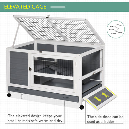 PawHut Wooden Guinea Pigs Hutches Elevated Pet Bunny House Rabbit Cage with Slide-Out Tray Indoor Grey