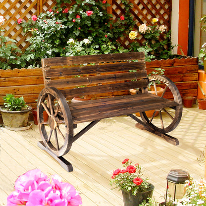 outsunny-2-seater-garden-bench-with-wooden-cart-wagon-wheel-rustic-high-back-brown