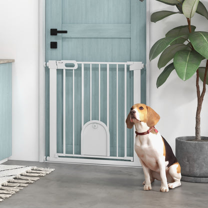 PawHut 75-82cm Pet Safety Gate with Double Locking, Pressure Fit Stair with Cat Flat for Doorways, Hallways, White