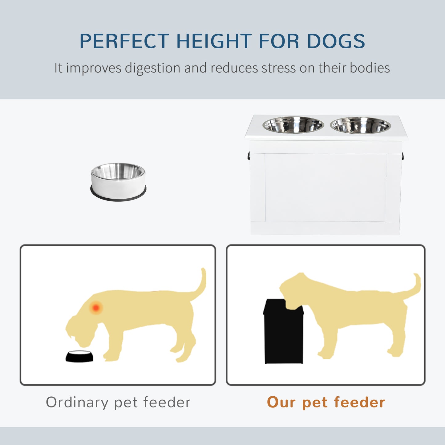 PawHut Raised Pet Feeding Storage Station with 2 Stainless Steel Bowls Base for Large Dogs and Other Large Pets, White