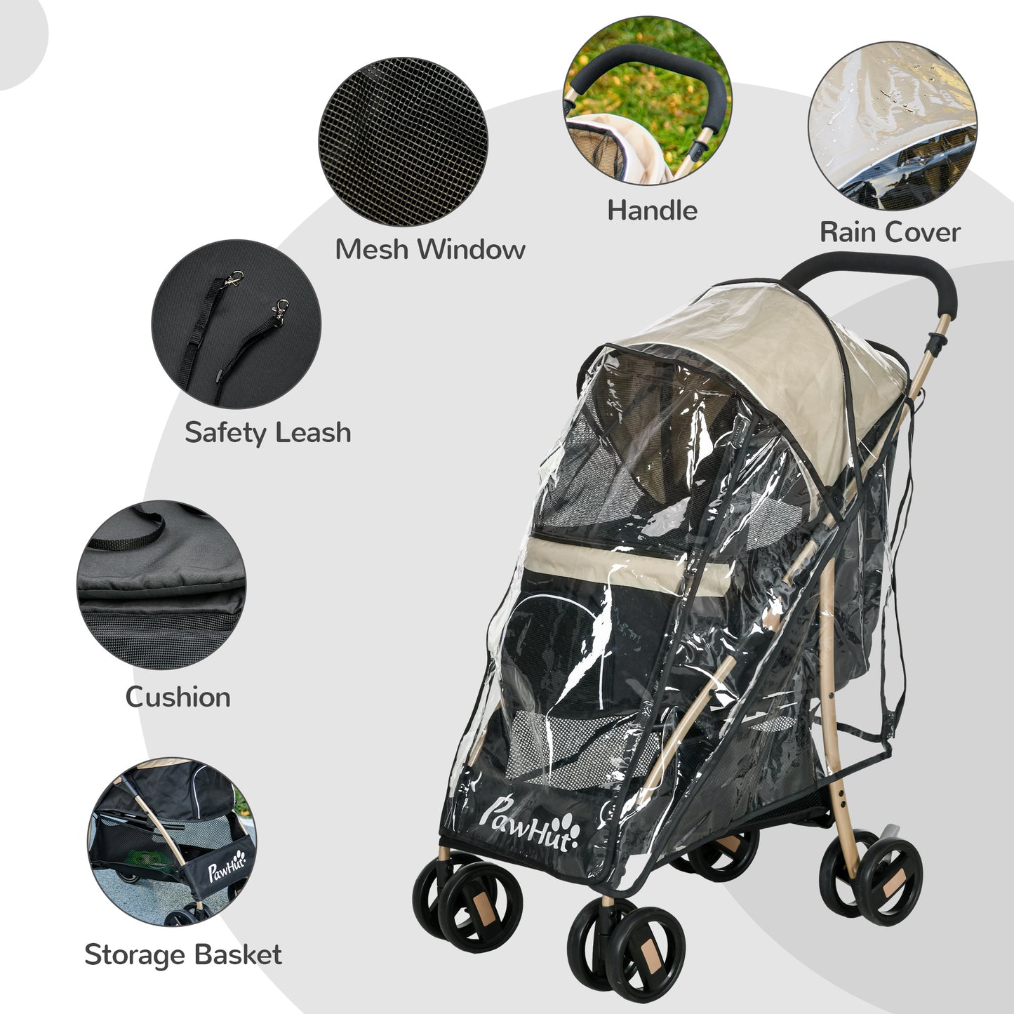 PawHut Oxfoad Pet Stroller for Small Minature Dogs with Rain Cover Dark Khaki