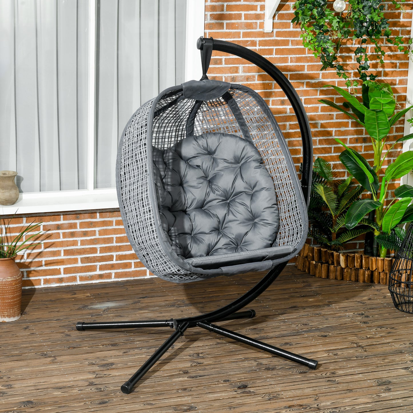 outsunny-outdoor-swing-chair-w-thick-padded-cushion-patio-hanging-chair-w-metal-stand-foldable-basket-cup-holder-dark-grey