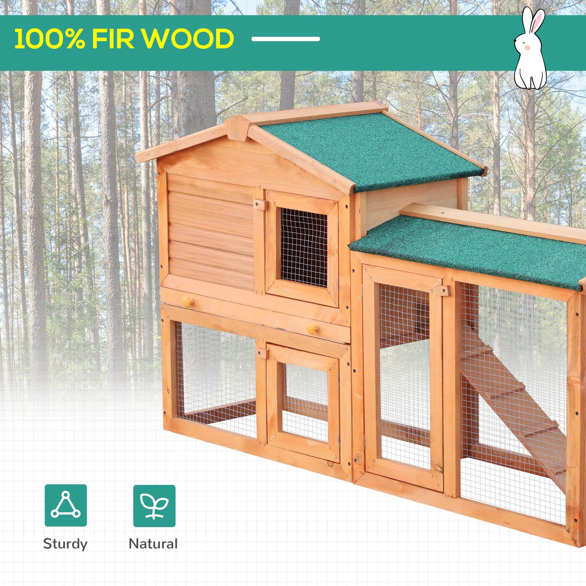 PawHut Rabbit 2 Tier Fir Wood Small Animal Hutch w/ Ramp Brown