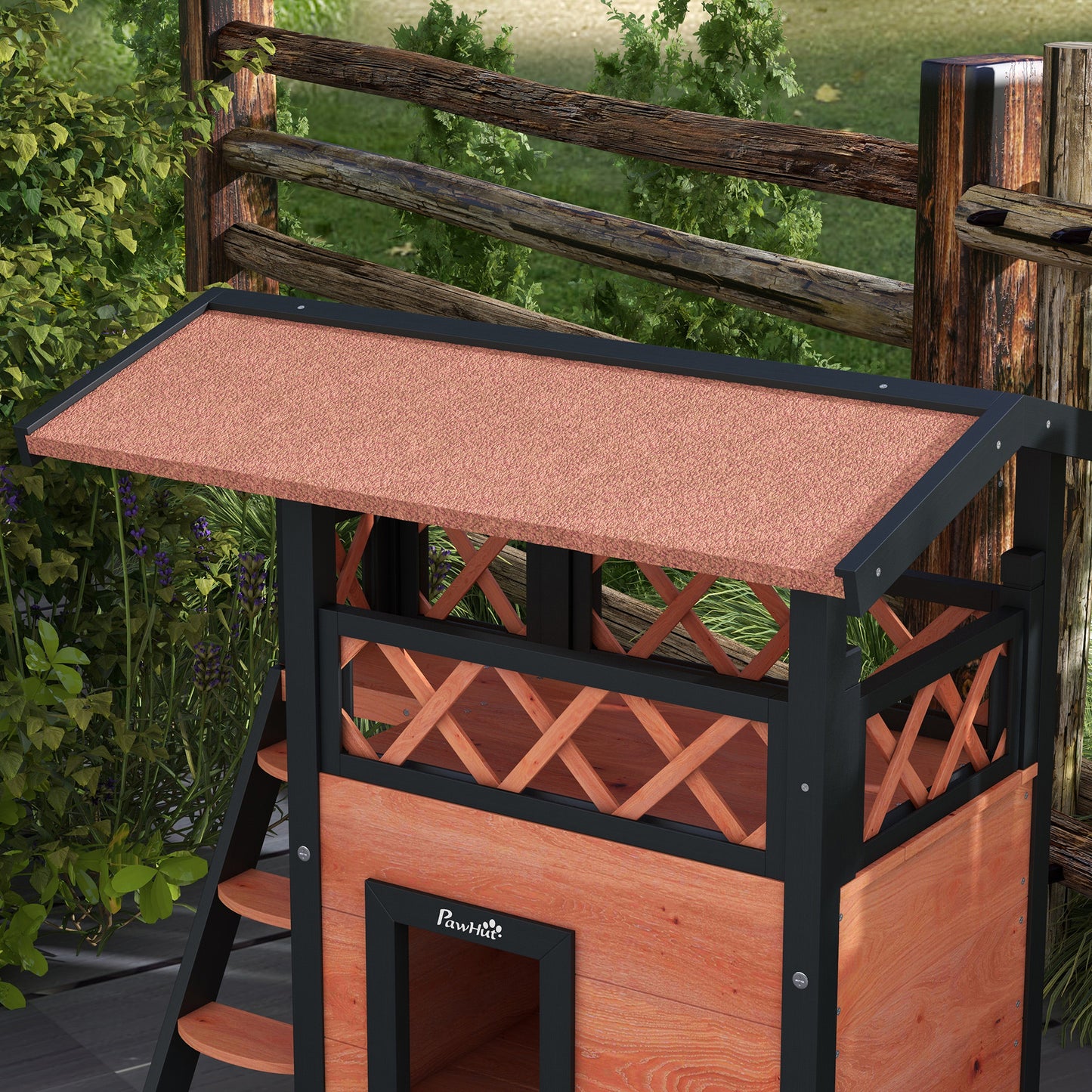 PawHut Cat House Outdoor w/ Balcony Stairs Roof, 77 x 50 x 73 cm, Brown