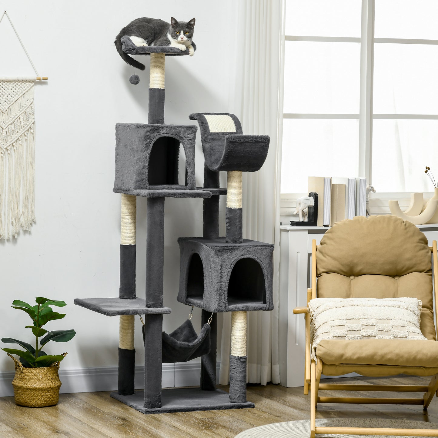 PawHut 177cm Cat Tree for Indoor Cats, Multi-level Kitten Climbing Tower with Scratching Posts, Condos, Hammock, Perches, Toy Ball, Dark Grey