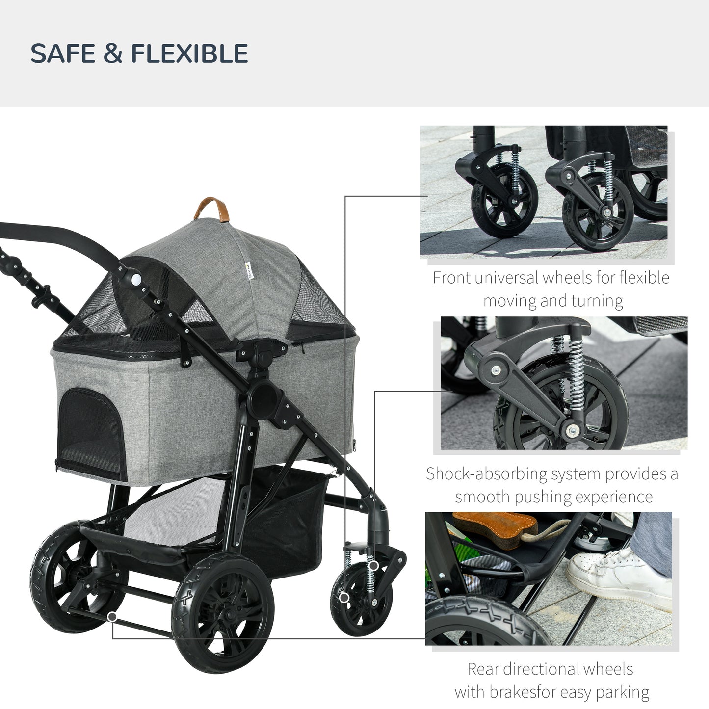 PawHut 2-In-1 Design No-Zip Pet Stroller Detachable Bag Travel Trolley with Shock-absorbing System Brake Basket Adjustable Handlebar Safety Leash Grey