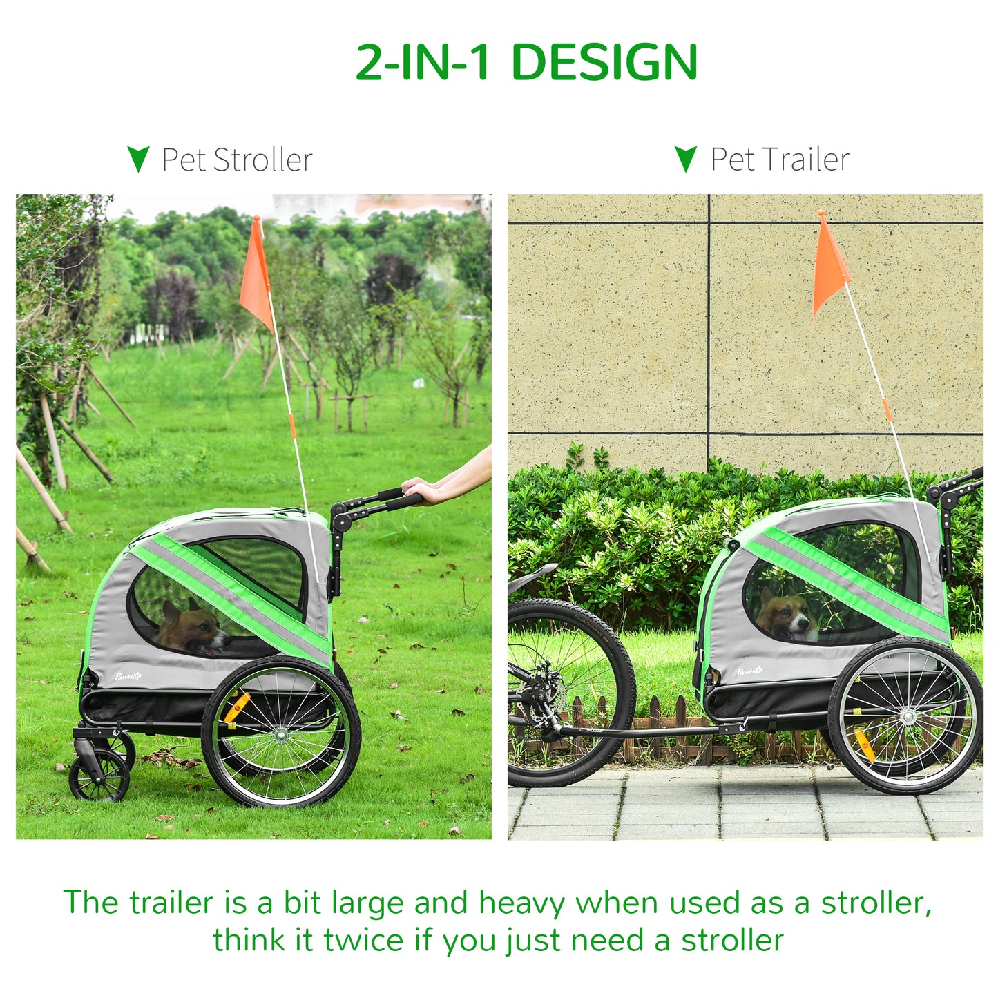 PawHut Dog Bike Trailer 2-in-1 Pet Stroller Cart Bicycle Carrier Attachment for Travel in steel frame with Universal Wheel Reflectors Flag Green