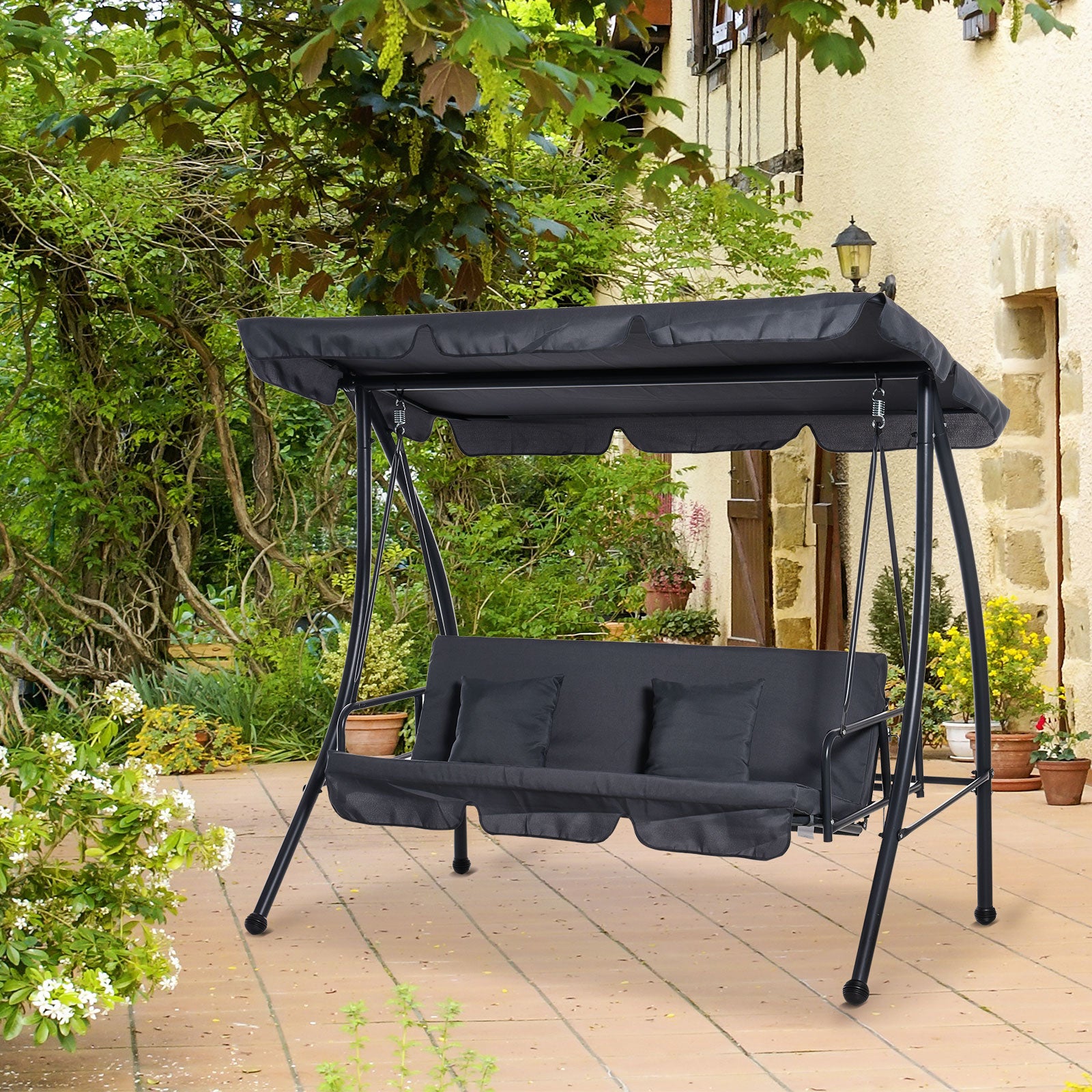 outsunny-2-in-1-patio-swing-chair-lounger-3-seater-garden-swing-seat-w-convertible-tilt-canopy-and-cushion-dark-grey