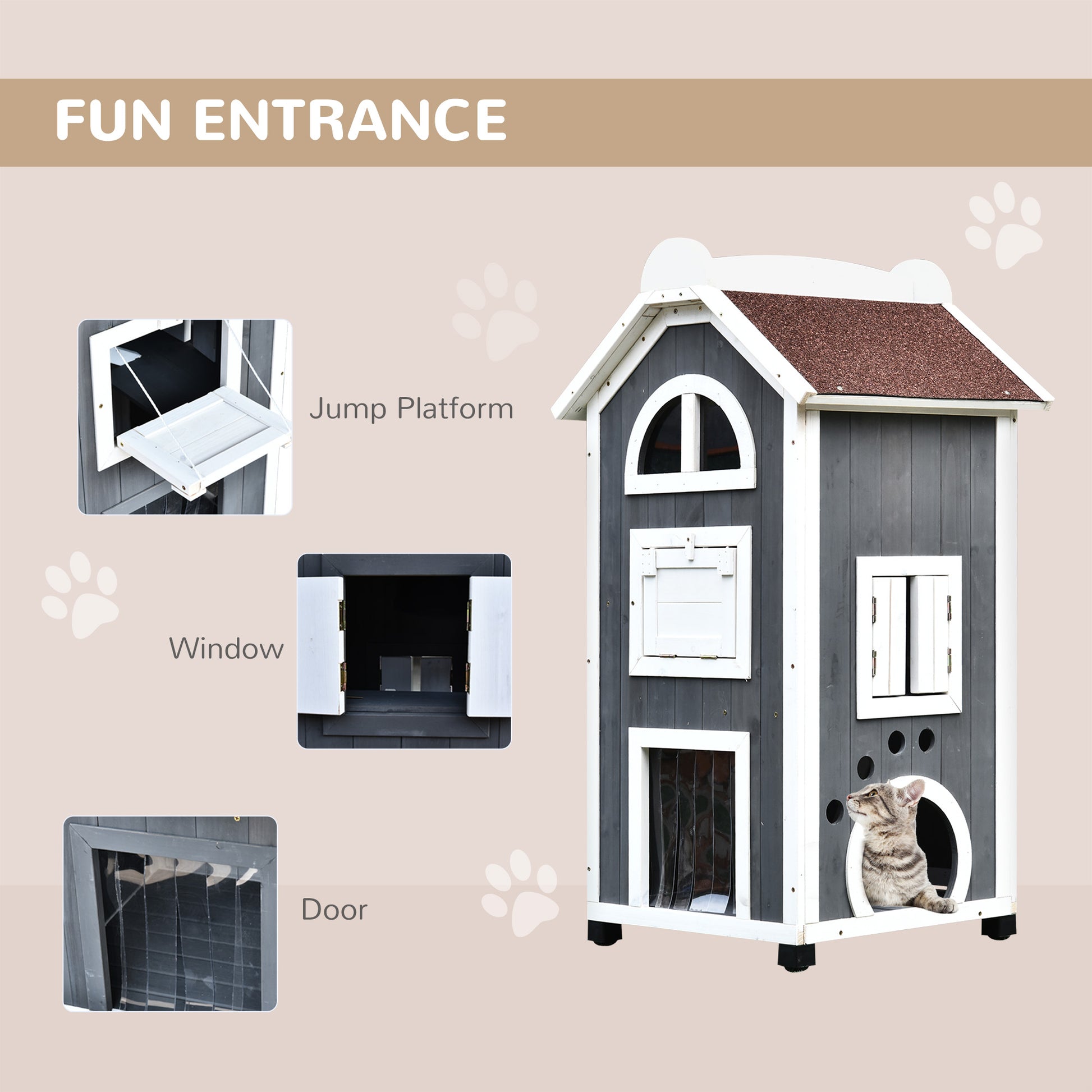 PawHut Wooden Cat House, Weatherproof Pet Shelter, Outdoor Cat Condos Cave, 2 Floor Furniture, Grey and White