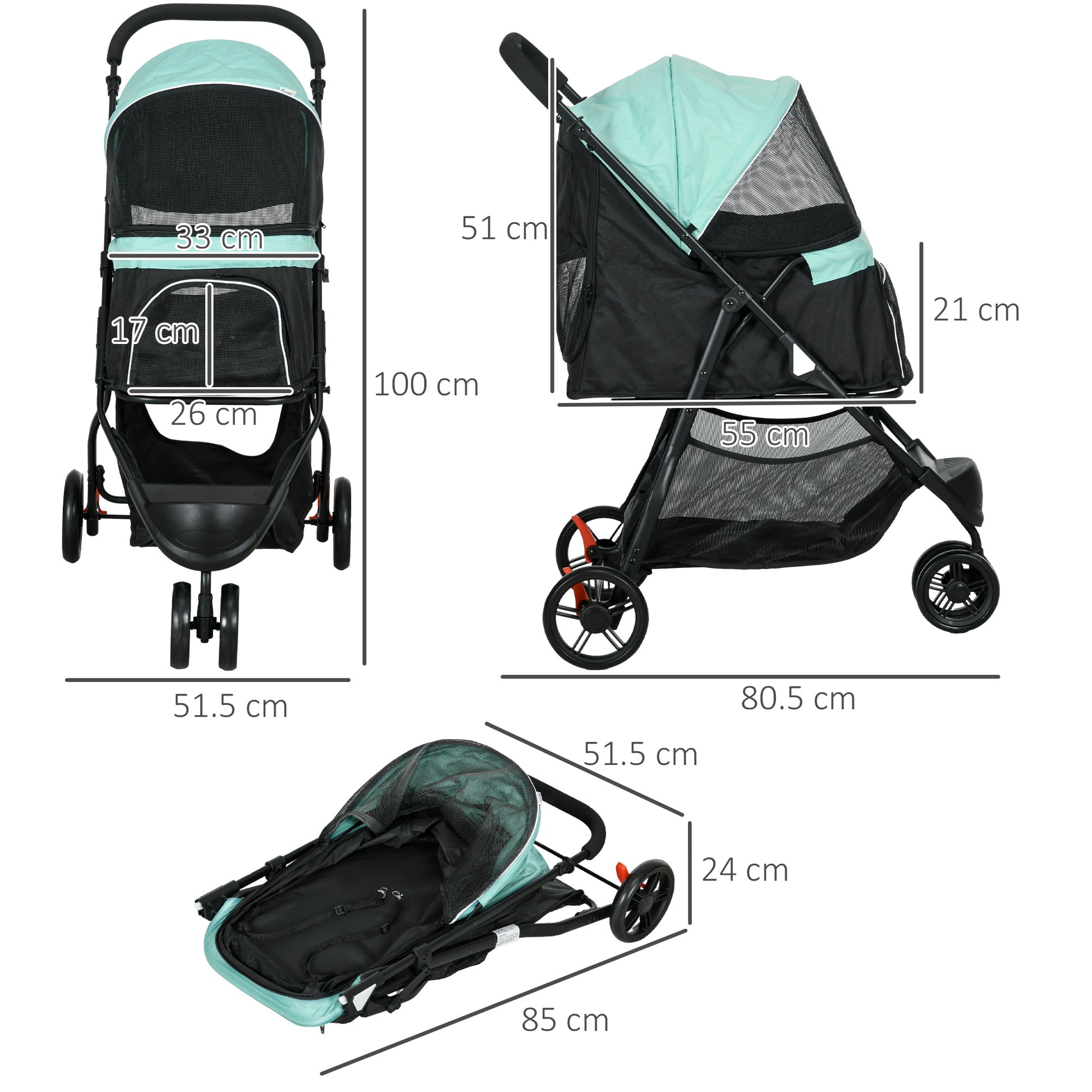 PawHut Foldable Pet Stroller with Rain Cover for XS and S-Sized Dogs Green