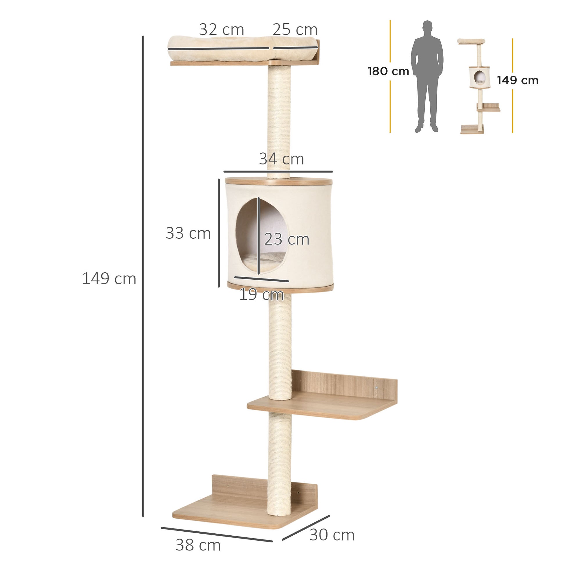 PawHut Cat Tree for Indoor Cats Wall-Mounted Cat Shelf Shelter Kitten Perch Climber Furniture w/ Condo Bed Scratching Post ‚ Beige