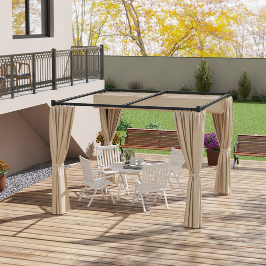 outsunny-3-x-3m-retractable-pergola-garden-gazebo-shelter-with-curtains-for-grill-patio-deck-beige