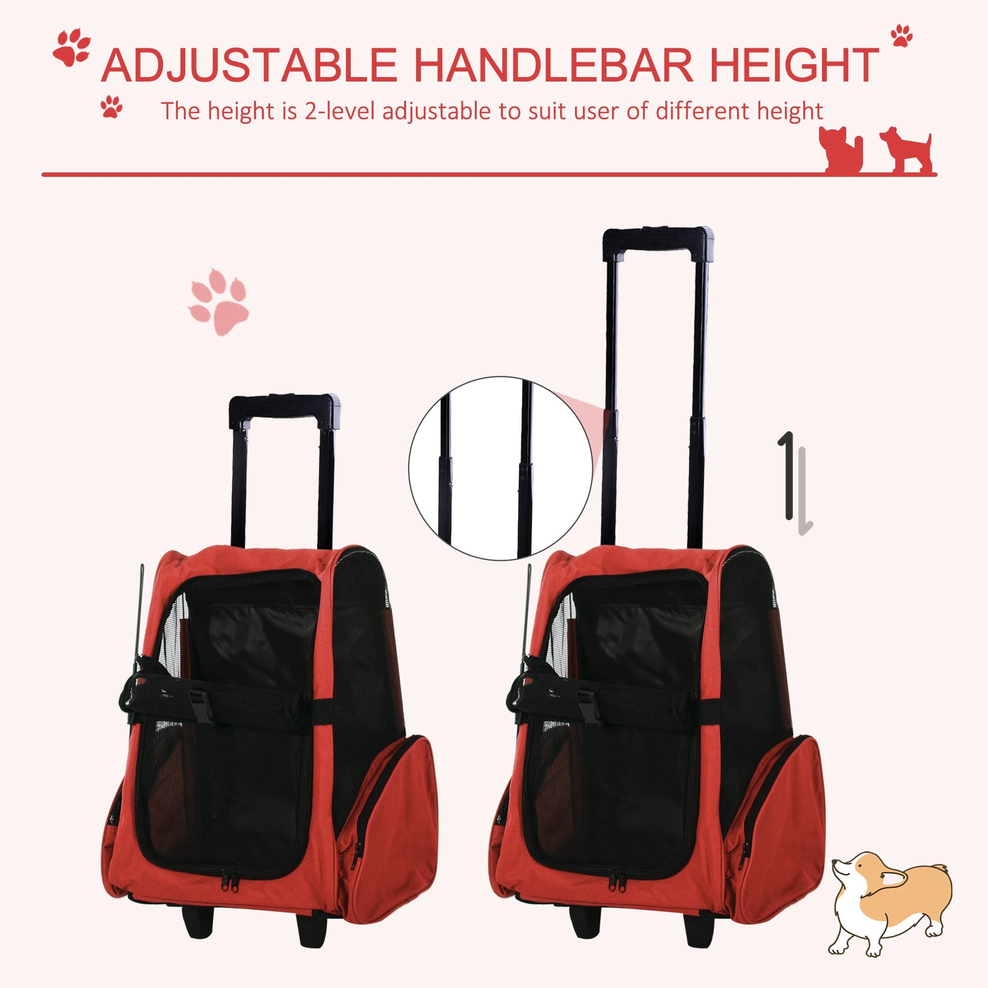 PawHut Dog Carrier Bag Travel Backpack Bag Cat Carrier Dog Bag w/ Trolley and Telescopic Handle, 42 x 25 x 55 cm, Red