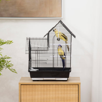 PawHut Metal Bird Cage with Stand for Parrot Cockatiel Budgie Finch Canary Food Containers Swing Ring Tray Handle Small Black 39 x 33 x 47 cm