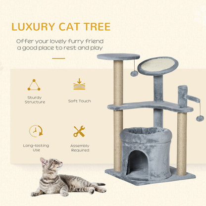 PawHut Cat Tree Tower Kitten Activity Center Scratching Post with Condo Bed Scratcher Perch Ball Toy Grey