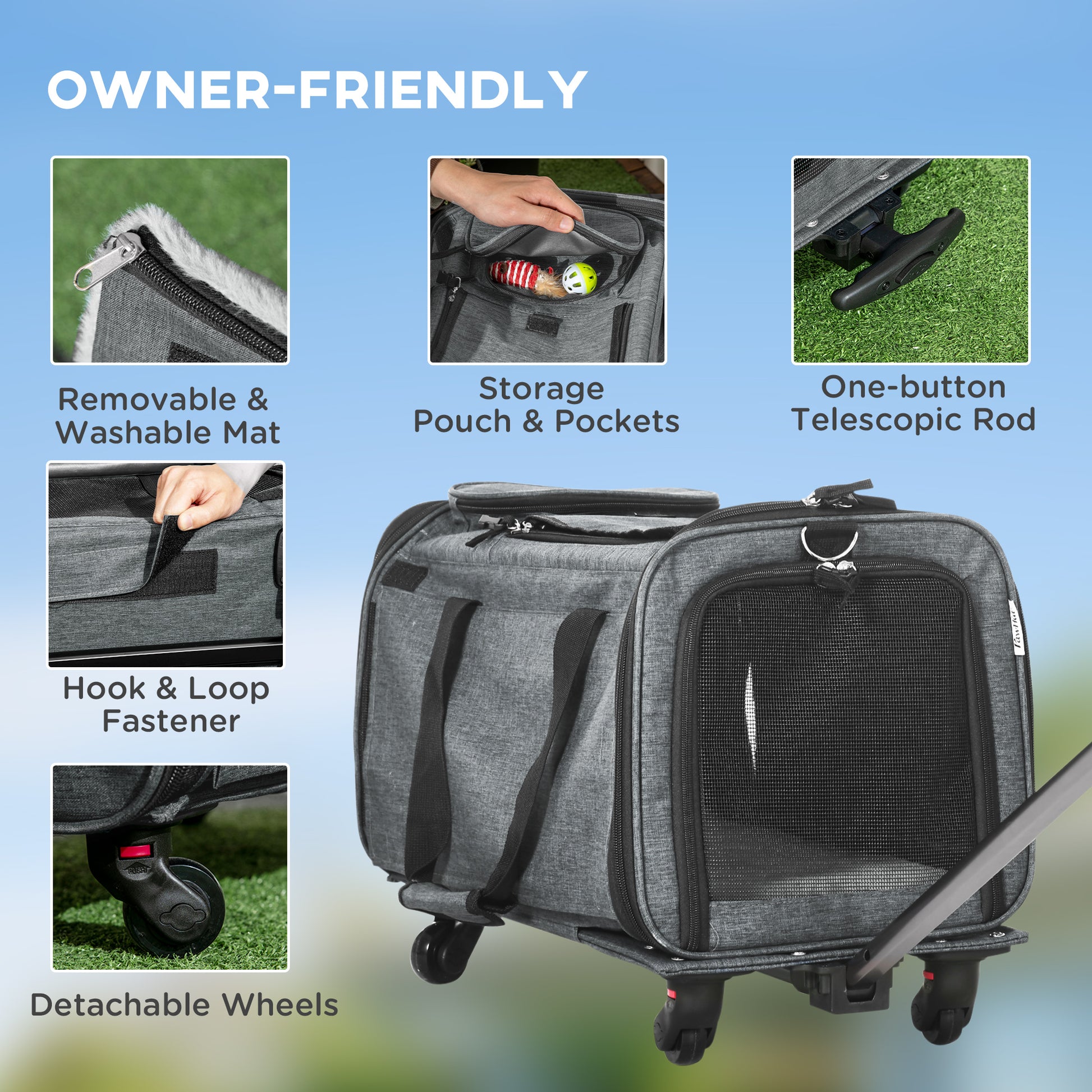 PawHut 4 in 1 Pet Carrier Portable Cat Carrier Foldable Dog Bag On Wheels for Cats, Miniature Dogs w/ Telescopic Handle, Grey