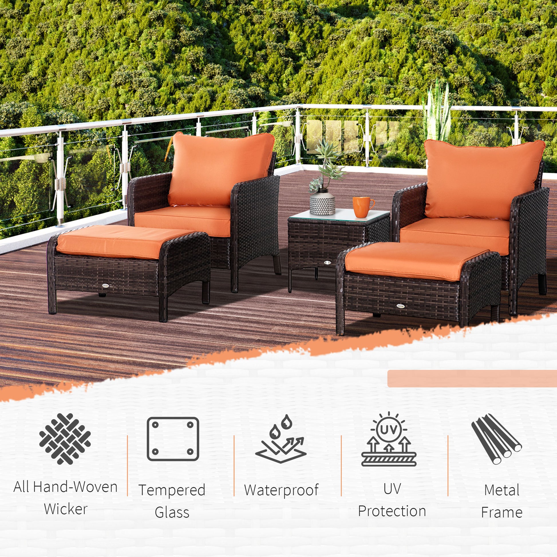 outsunny-5-pcs-pe-rattan-garden-furniture-set-2-armchairs-2-stools-glass-top-table-cushions-wicker-weave-chairs-outdoor-seating-brown