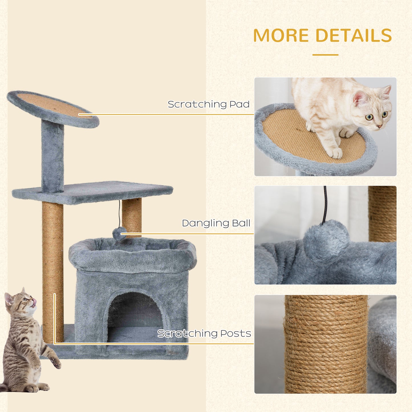 PawHut Cat Tree Tower Kitten Activity Center with Scratching Posts Pad Condo Perch Bed Interactive Ball Toy 48 x 48 x 84cm, Grey