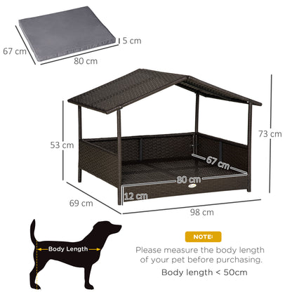 PawHut Rattan Dog House, Elevated Wicker Pet Bed Lounge with Removable Cushion and Canopy, for Small and Medium Dogs, 98 x 69 x 73cm - Grey