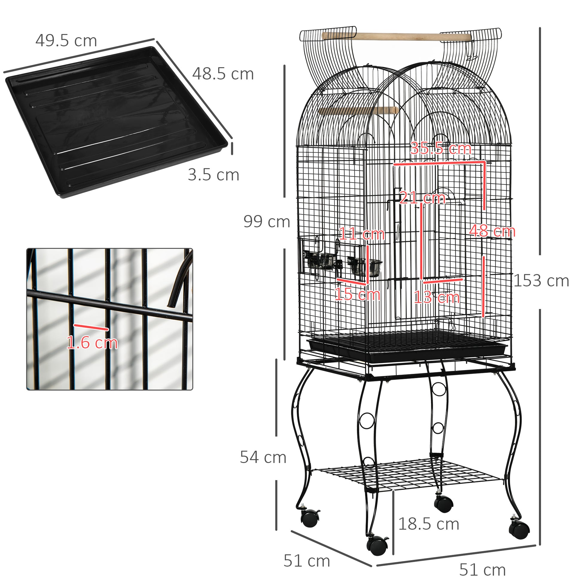 PawHut Large Parrot Bird Cage Aviary Budgies Finch Cockatiel Birds Stand Feeding Station Stand w/ Wheels 51L x 51W x 153H cm