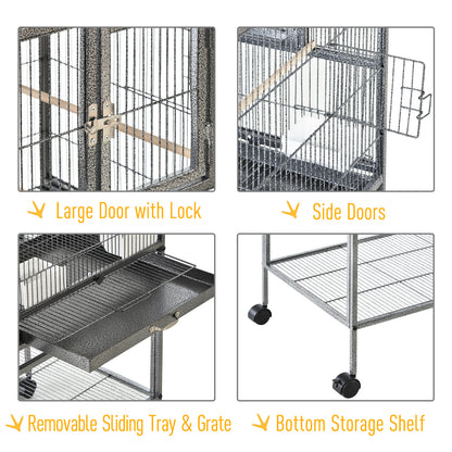 PawHut Double Rolling Metal Bird Cage Parrot Cage with Removable Metal Tray, Storage Shelf, Wood Perch, and Food Container