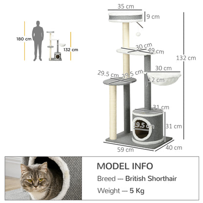 PawHut Cat Tree for Indoor Cats, Cat Tower with Scratching Posts, Multi-level Kitten Climbing Tower, 132cm