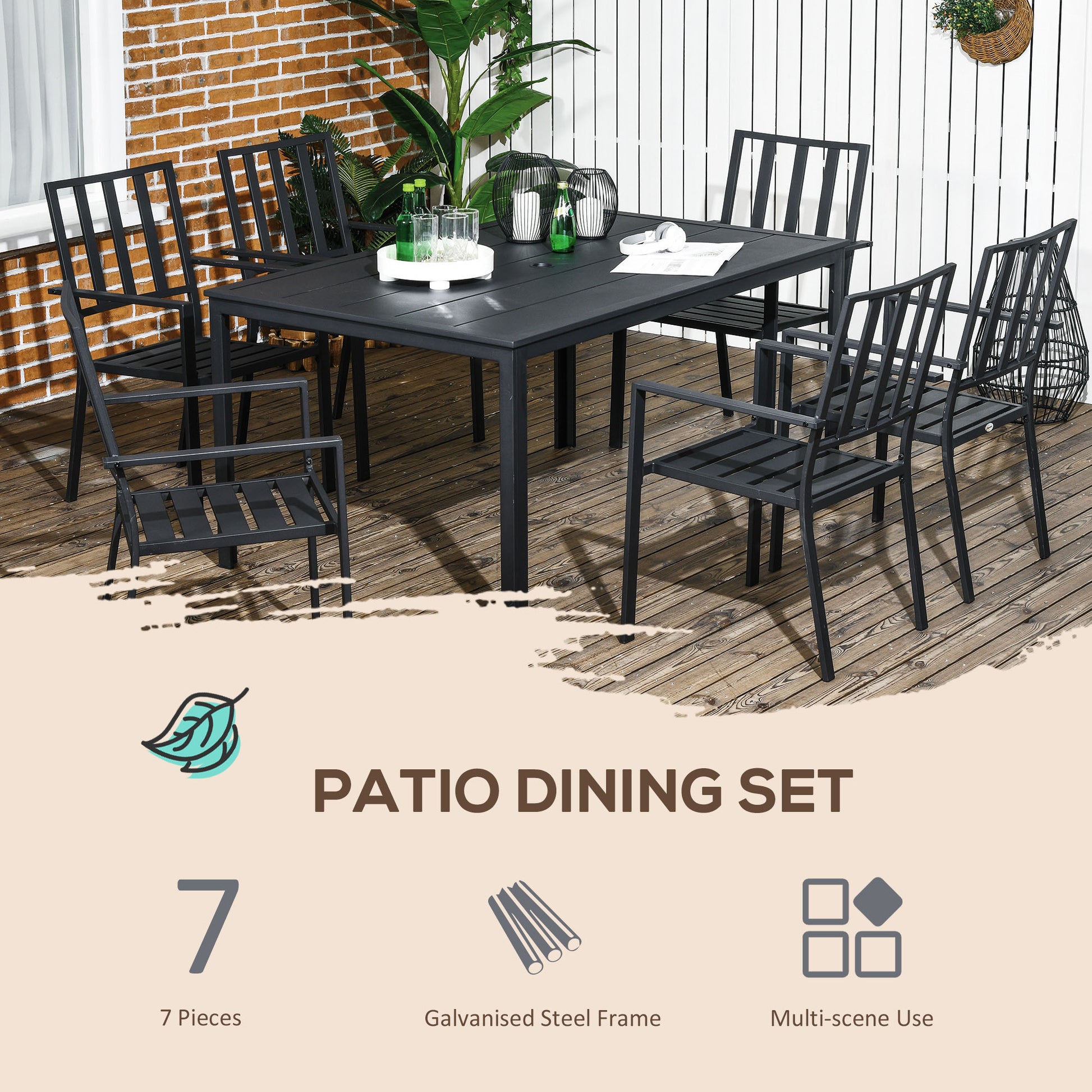 outsunny-7-pieces-garden-dining-set-outdoor-table-and-6-stackable-chairs-metal-top-table-with-umbrella-hole-black