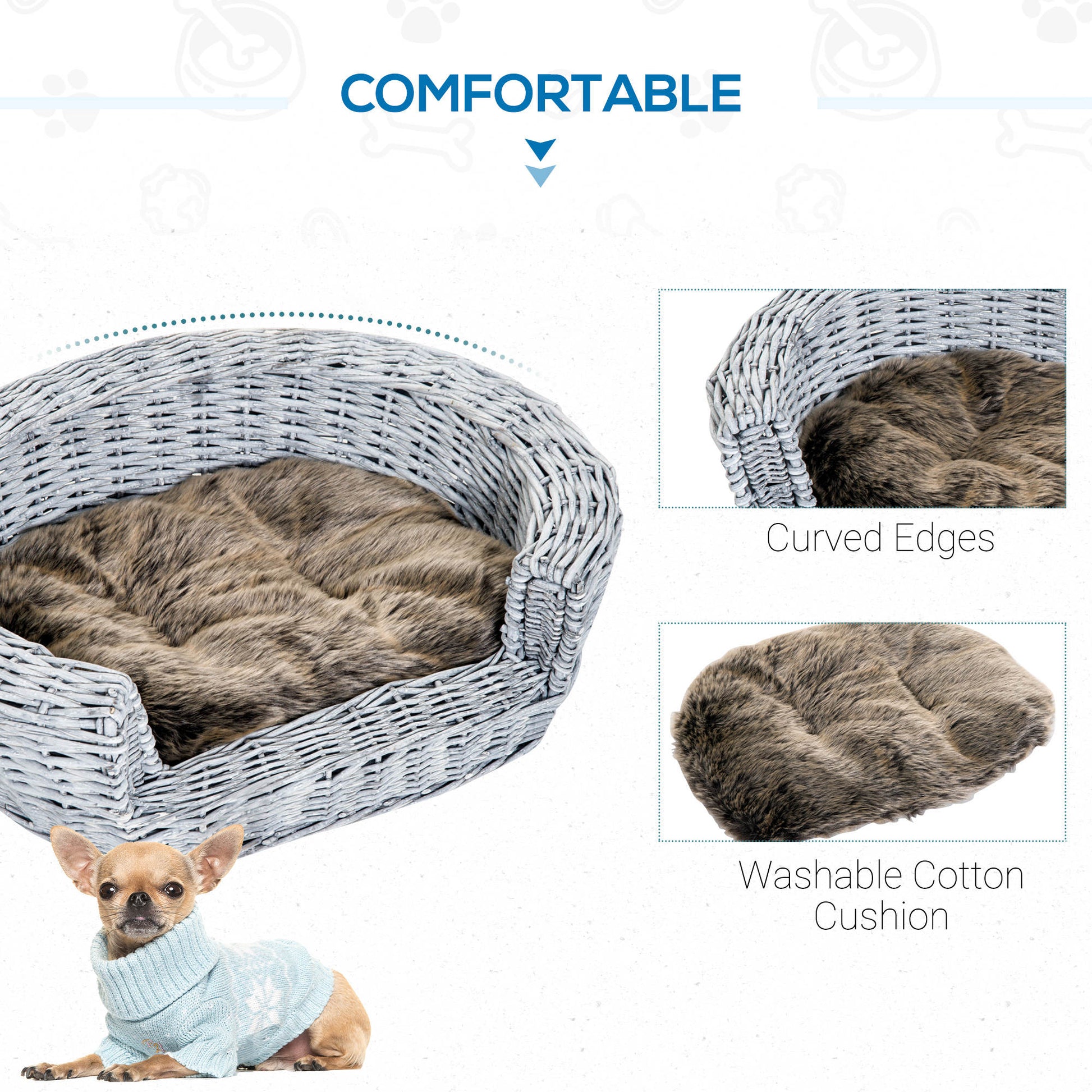 PawHut Pet Basket Sofa Bed, 57Lx46Wx17.5H cm, Willow Rattan-Grey