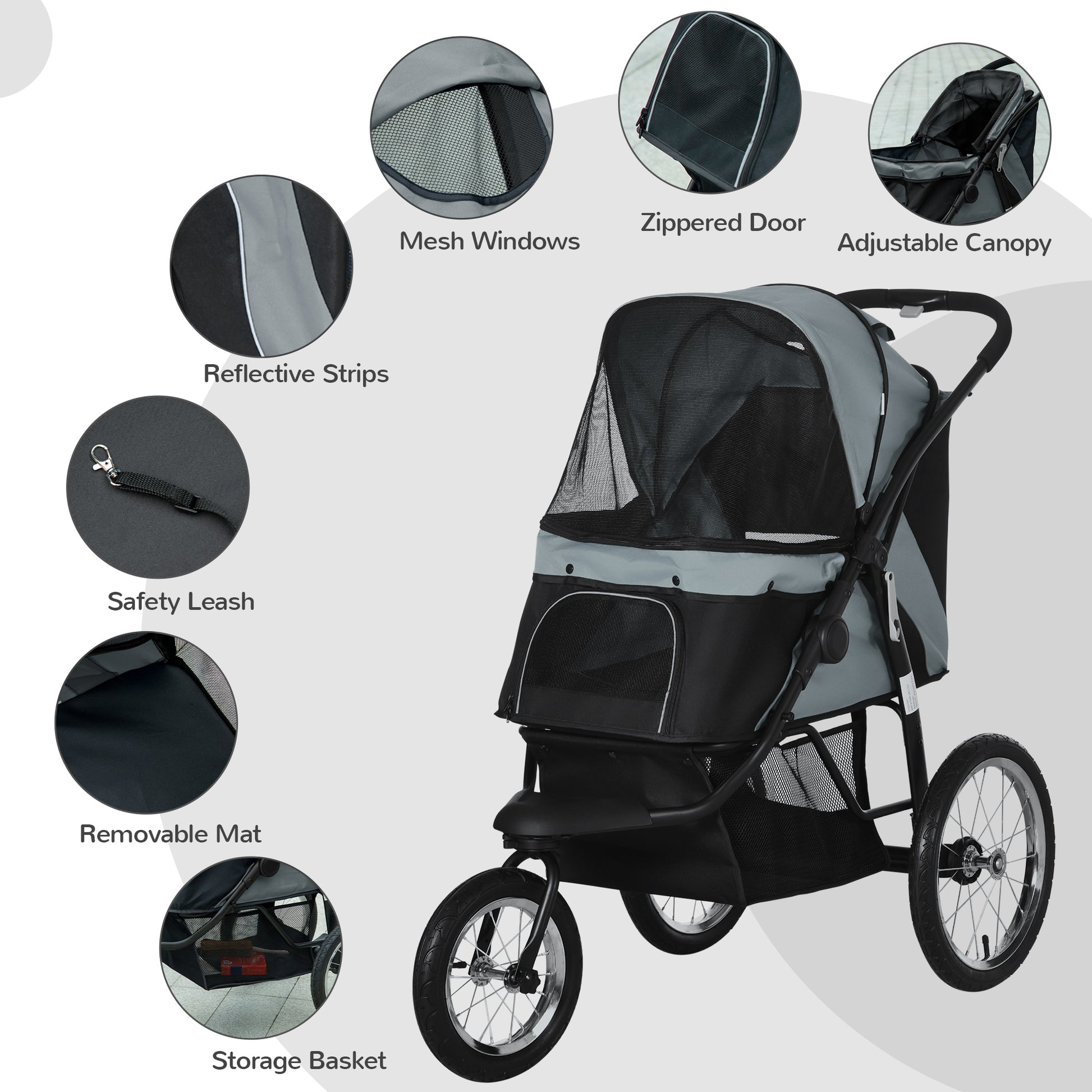 PawHut Pet Stroller Jogger for Medium Small Dogs, Foldable Cat Pram Dog Pushchair with Adjustable Canopy, 3 Big Wheels, Grey