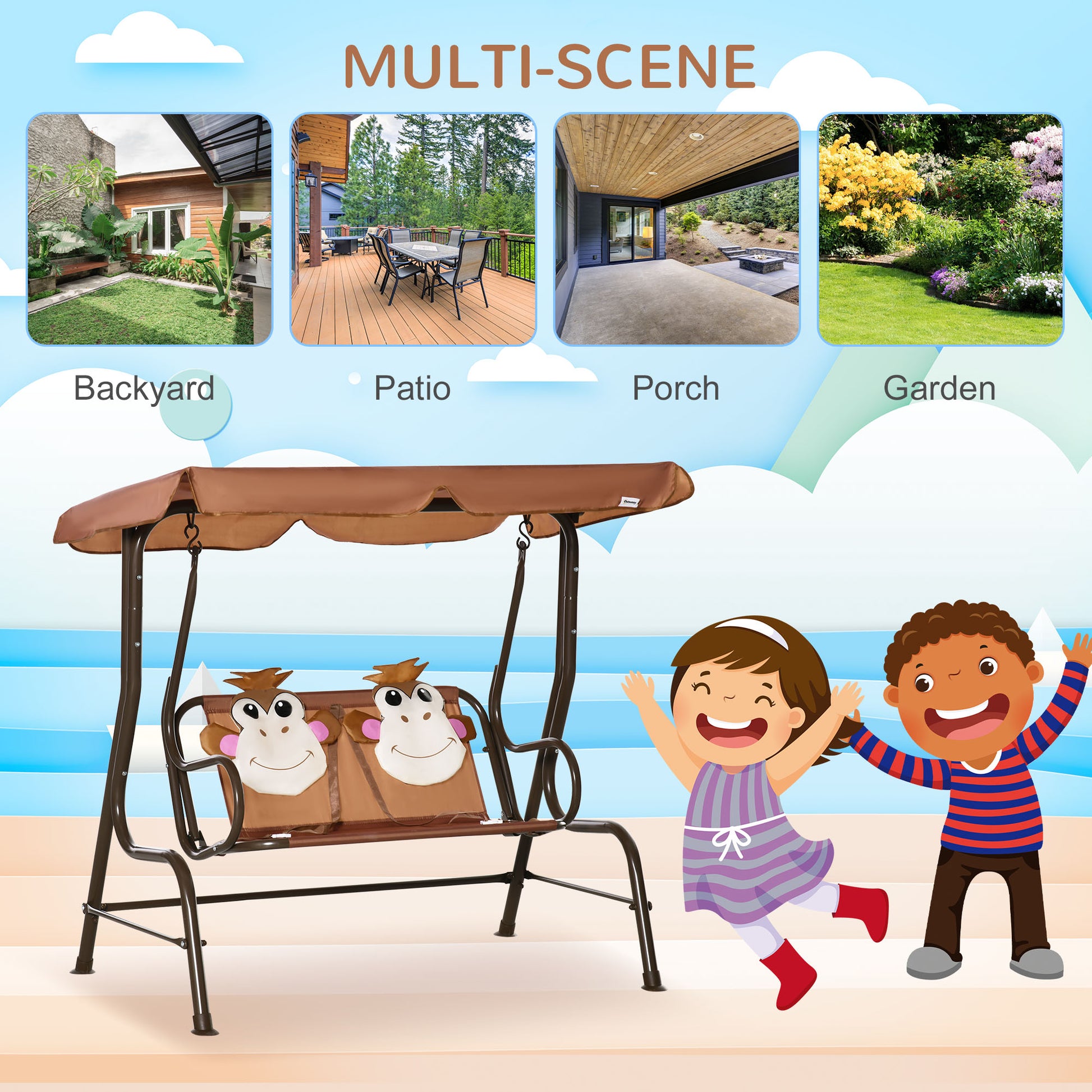 outsunny-2-seat-kids-canopy-swing-children-outdoor-patio-lounge-chair-for-garden-porch-with-adjustable-awning-seat-belt-monkey-pattern-coffee