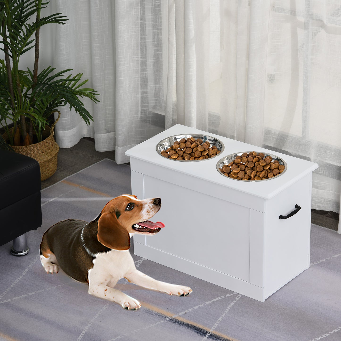 PawHut Raised Pet Feeding Storage Station with 2 Stainless Steel Bowls Base for Large Dogs and Other Large Pets, White