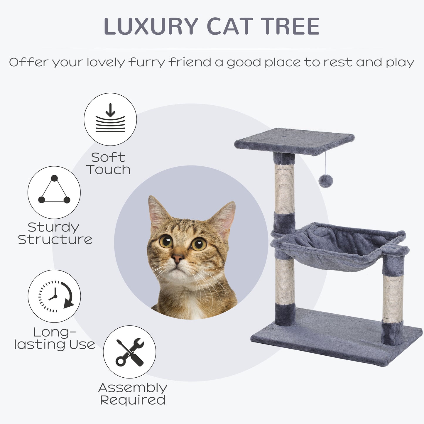 PawHut Cat Tree Cat Scratching Post 2-Tier Sisal Rope Scratching Post w/ Dangle Toy Beige