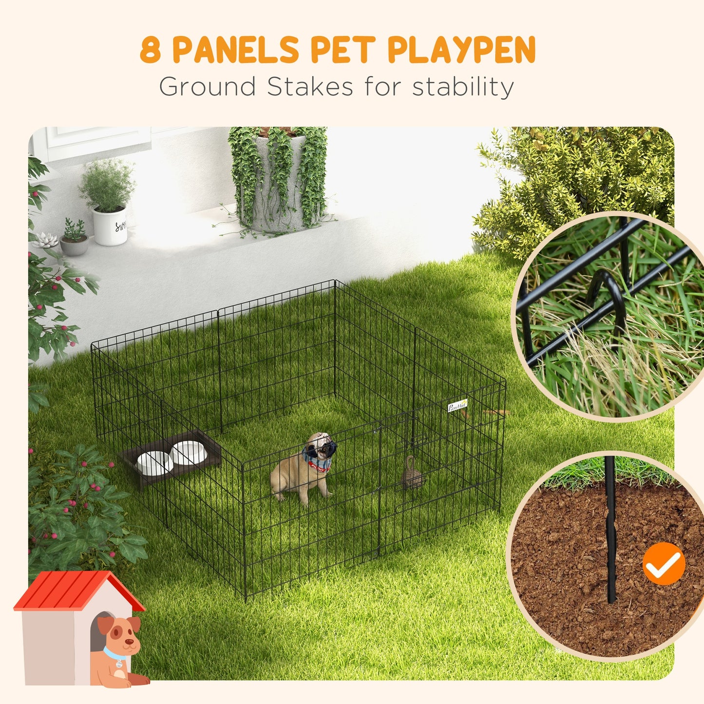 PawHut 8 Panel Dog Playpen Puppy Pen Rabbits Guinea Metal Crate Pet Cage Run Indoor Outdoor, 61x61 cm