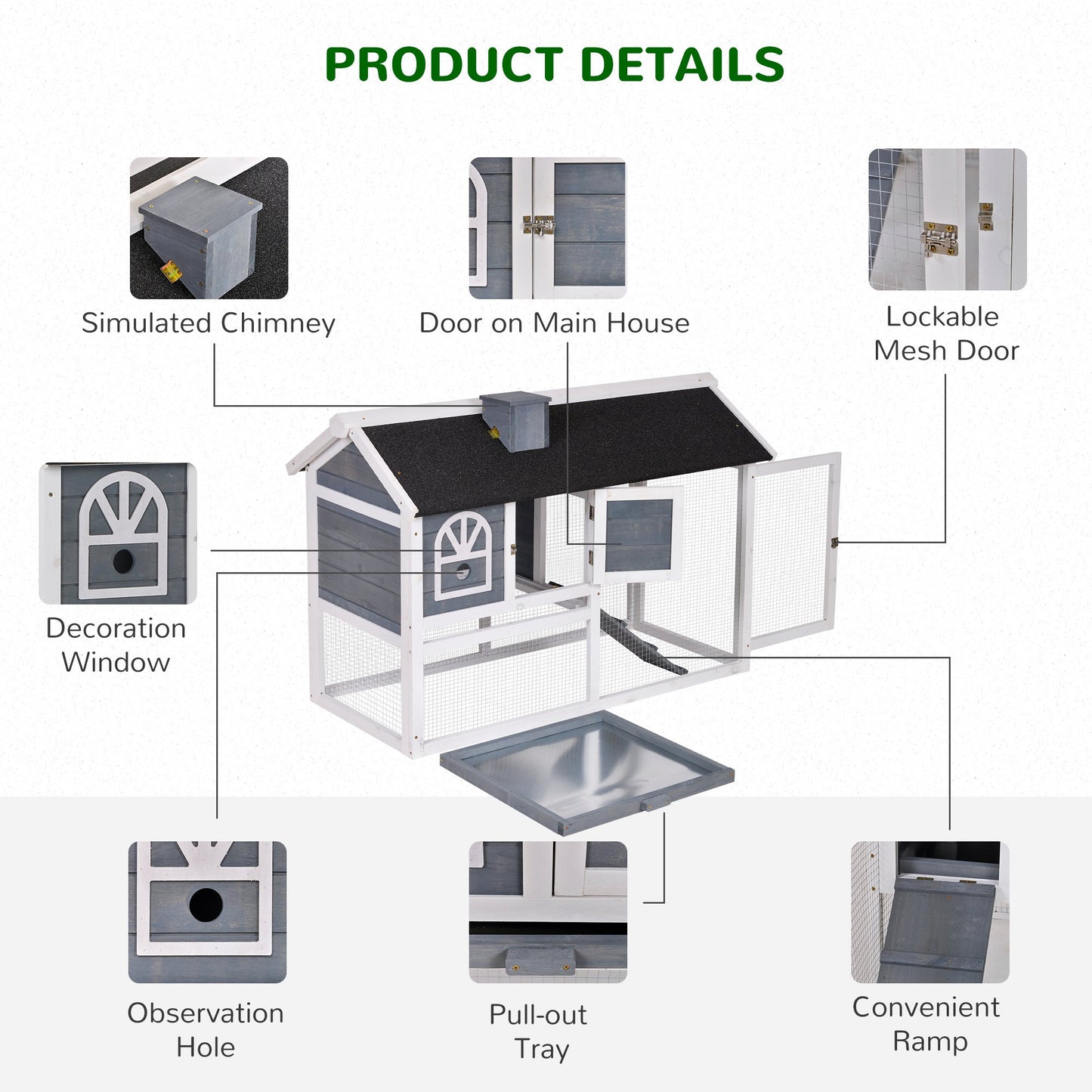 PawHut Guinea Pigs Hutches Wood Bunny Cage for Outdoor Indoor with Pull Out Tray Run Box Ramp Asphalt Roof for Small Animals Grey