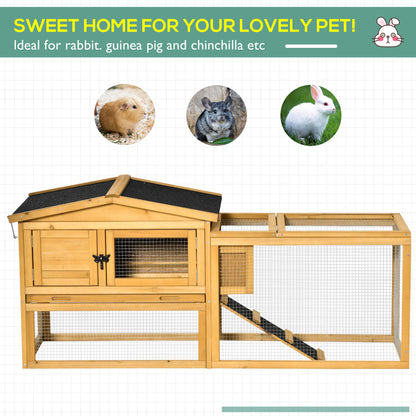 PawHut 2 Level Wooden Rabbit Bunny Guinea Pig Hutch w/ Outdoor Run Water Resistant Roof Pull out Tray Ramp 150 x 52.5 x 68 cm, Yellow