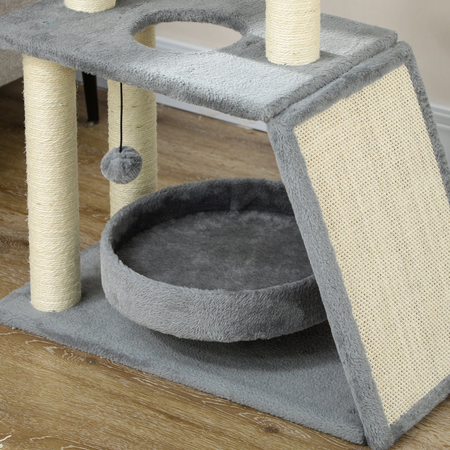 PawHut Cat Tree Tower, with Scratching Posts, Pad, Bed, Perch, Toy Ball, Light Grey