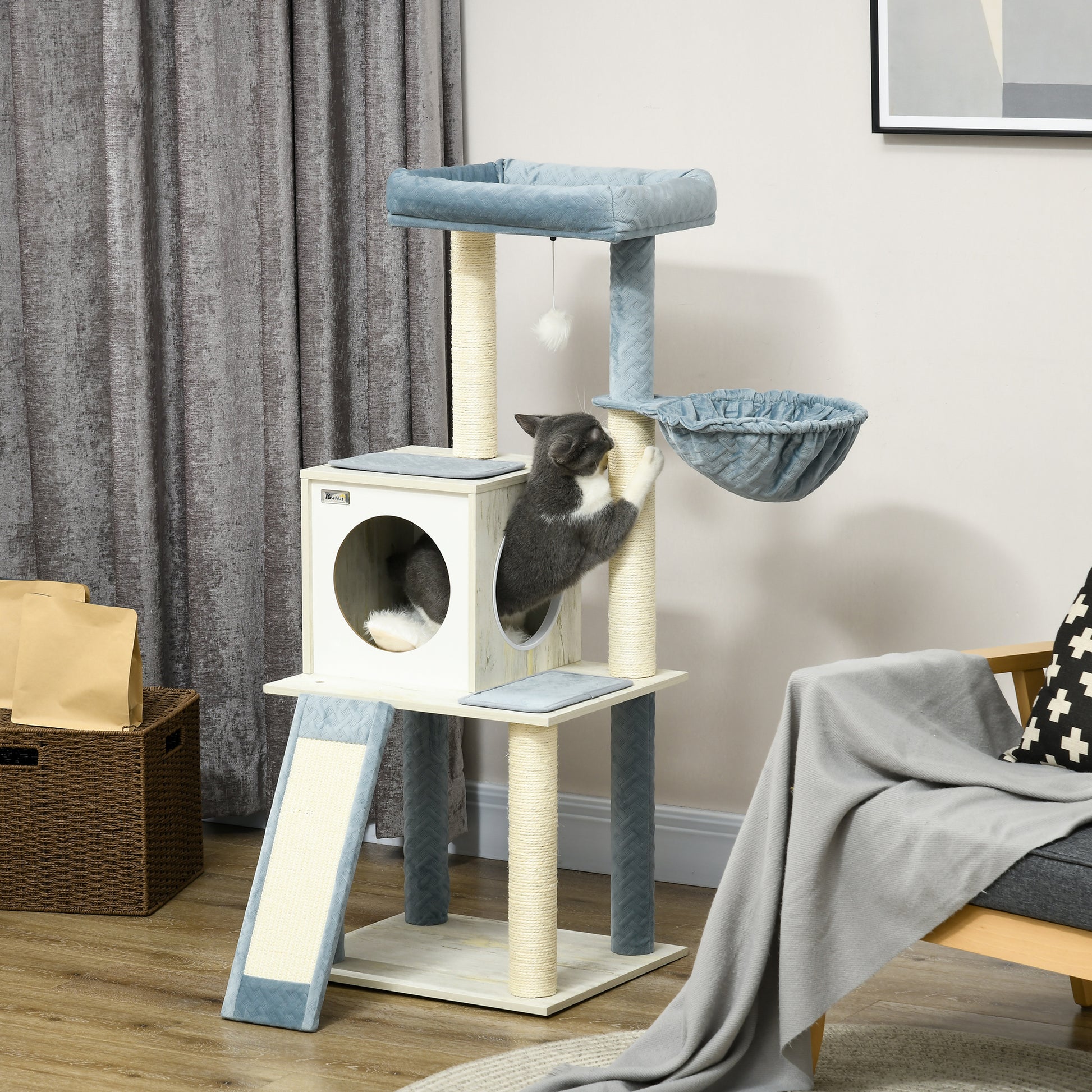 PawHut 114cm Cat Tree for Indoor Cats, with Scratching Posts, hammock, Bed, House