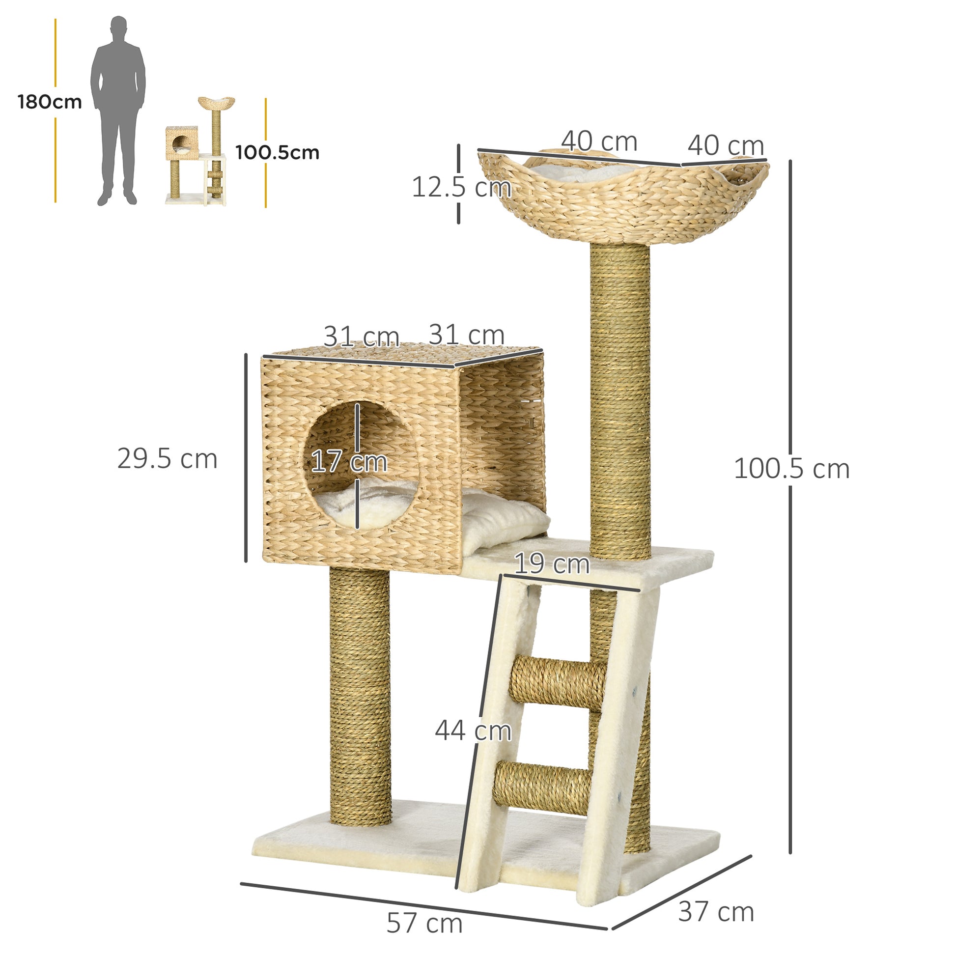 PawHut Cat Tree for Indoor Cats Kitten Tower Cattail Weave with Scratching Posts, Cat House, Bed, Ladder, Washable Cushions, Natural Finish