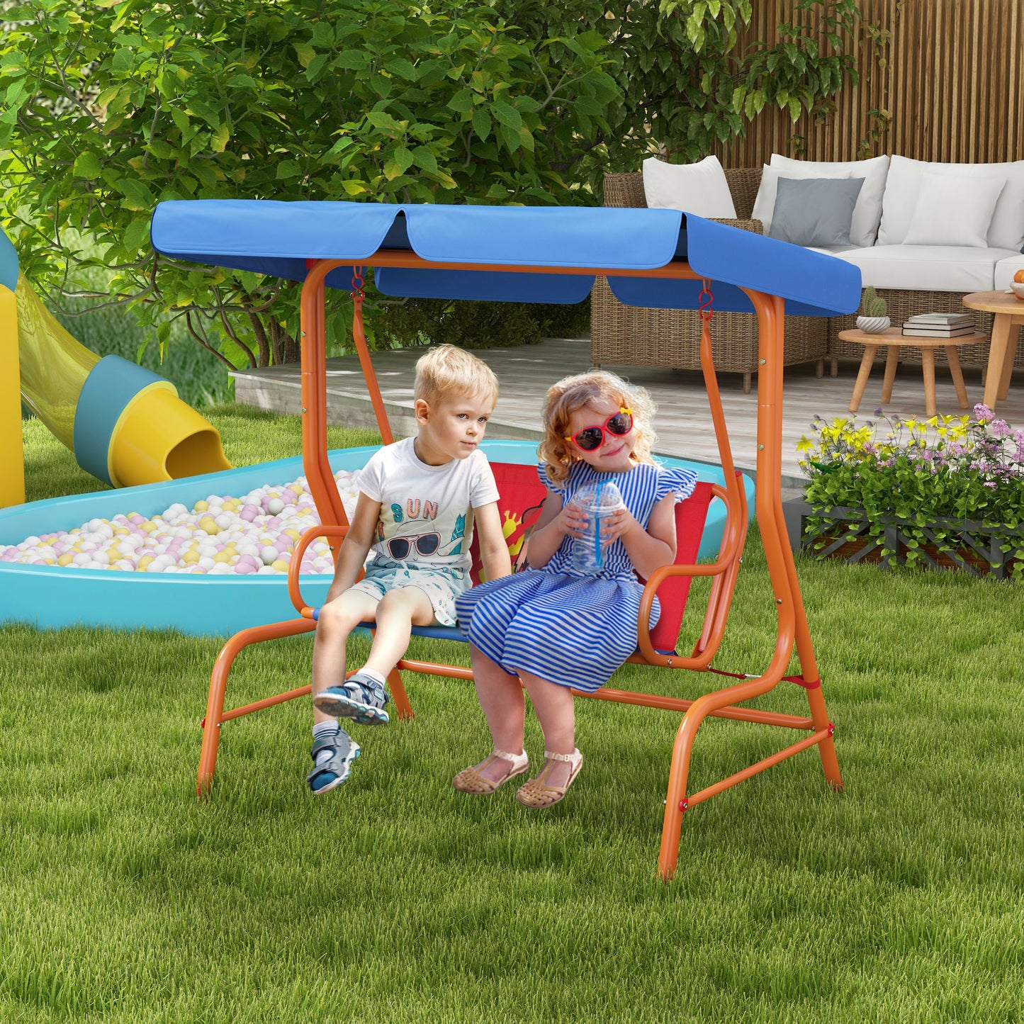 outsunny-two-seater-kids-garden-swing-cowboy-themed-kids-swing-chair-with-adjustable-canopy-safety-belts-for-outdoor-use